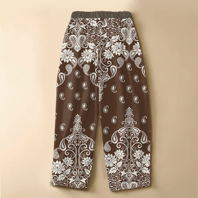 Buddha Stones Pure Cotton Vintage Border Paisley Bloom Pattern Frog Button Women's Elastic Waist Harem Pants With Pockets - image 1