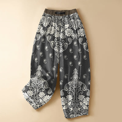 Buddha Stones Pure Cotton Vintage Border Paisley Bloom Pattern Frog Button Women's Elastic Waist Harem Pants With Pockets - DarkSlateGray - US16，UK/AU20，EU48 (3XL) - image 5