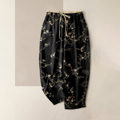 Buddha Stones Pure Cotton Elegant Bird Blossom Pattern Women's Elastic Waist Pants With Pockets - Black - US16，UK/AU20，EU48 (3XL) - image 4