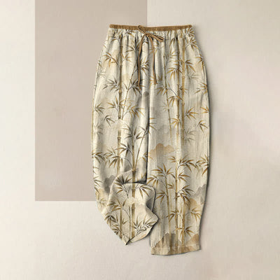 Buddha Stones Pure Cotton Zen Bamboo Leaf Pattern Women's Elastic Waist Pants With Pockets - PaleGoldenrod - US16，UK/AU20，EU48 (3XL) - image 4