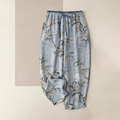 Buddha Stones Pure Cotton Vintage Botanical Floral Pattern Women's Elastic Waist Pants With Pockets - LightSkyBlue - US16，UK/AU20，EU48 (3XL) - image 4