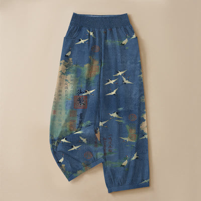 Buddha Stones Cotton Oriental Crane Calligraphy Pattern Pleated Elastic Waist Women's Harem Pants With Pockets - image 9