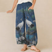 Foviel Cotton Oriental Crane White Blossom Pattern Pleated Elastic Waist Women's Harem Pants With Pockets
