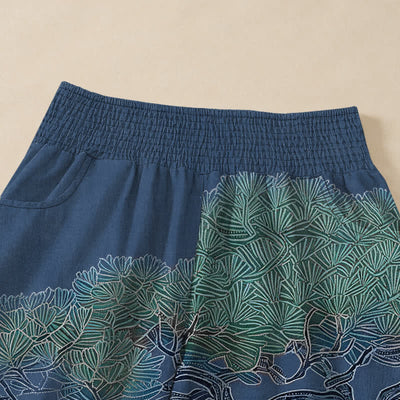 Buddha Stones Cotton Oriental Crane White Blossom Pattern Pleated Elastic Waist Women's Harem Pants With Pockets - image 4