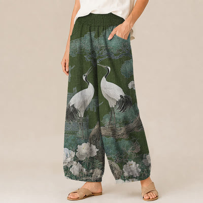 Buddha Stones Cotton Oriental Crane White Blossom Pattern Pleated Elastic Waist Women's Harem Pants With Pockets - image 7