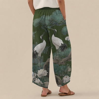 Buddha Stones Cotton Oriental Crane White Blossom Pattern Pleated Elastic Waist Women's Harem Pants With Pockets - image 8