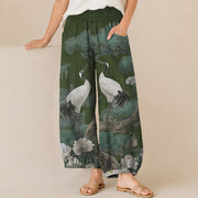 Foviel Cotton Oriental Crane White Blossom Pattern Pleated Elastic Waist Women's Harem Pants With Pockets