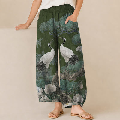 Buddha Stones Cotton Oriental Crane White Blossom Pattern Pleated Elastic Waist Women's Harem Pants With Pockets - DarkGreen - US16，UK/AU20，EU48 (3XL) - image 6