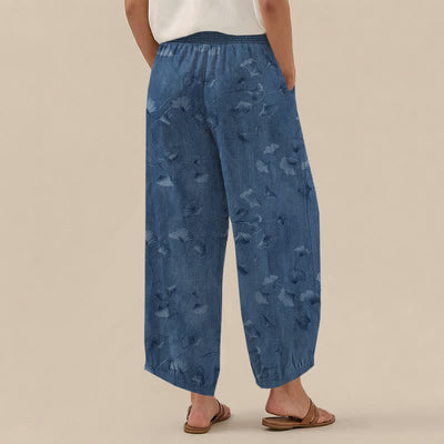 Buddha Stones Cotton Ginkgo Leaves Pattern Pleated Elastic Waist Women's Harem Pants With Pockets - image 2
