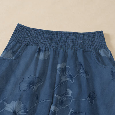 Buddha Stones Cotton Ginkgo Leaves Pattern Pleated Elastic Waist Women's Harem Pants With Pockets - image 4