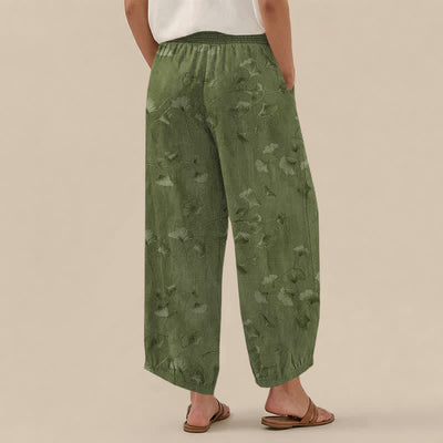 Buddha Stones Cotton Ginkgo Leaves Pattern Pleated Elastic Waist Women's Harem Pants With Pockets - image 8