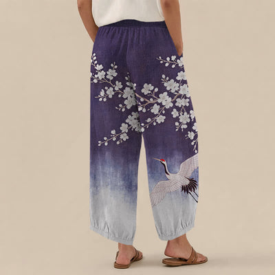 Buddha Stones Cotton Oriental Crane Plum Blossom Pattern Pleated Elastic Waist Women's Harem Pants With Pockets - image 8