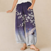 Foviel Baumwolle Orientalisch Kranich Pflaumenblütenmuster Pleated elastische Taille Damen Harem Hosen mit Taschen