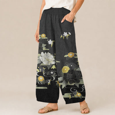Buddha Stones Cotton Oriental Floral Peony Garden Pattern Pleated Elastic Waist Women's Harem Pants With Pockets - image 1