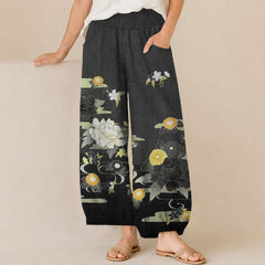 Buddha Stones Cotton Oriental Floral Peony Garden Pattern Pleated Elastic Waist Women's Harem Pants With Pockets - Black - US16，UK/AU20，EU48 (3XL) - image 0