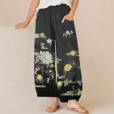Buddha Stones Cotton Oriental Floral Peony Garden Pattern Pleated Elastic Waist Women's Harem Pants With Pockets - Black - US16，UK/AU20，EU48 (3XL) - image 0