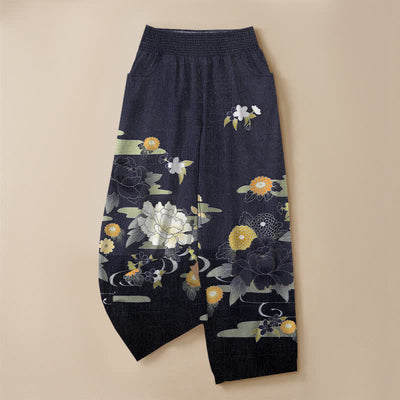 Buddha Stones Cotton Oriental Floral Peony Garden Pattern Pleated Elastic Waist Women's Harem Pants With Pockets - image 9