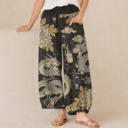 Foviel Baumwolle Orientalisch Drache Lotus Wolkenmuster Pleated elastische Taille Damen Harem Hosen mit Taschen