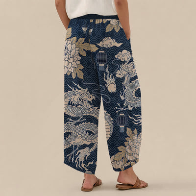Buddha Stones Cotton Oriental Dragon Lotus Cloud Pattern Pleated Elastic Waist Women's Harem Pants With Pockets - image 8