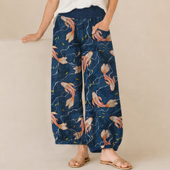 Buddha Stones Cotton Koi Fish Wave Pattern Pleated Elastic Waist Women's Harem Pants With Pockets - Navy - US16，UK/AU20，EU48 (3XL) - image 0