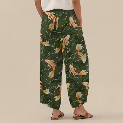 Buddha Stones Cotton Koi Fish Wave Pattern Pleated Elastic Waist Women's Harem Pants With Pockets - image 8