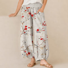 Buddha Stones Cotton Blossom Bird Branch Pattern Pleated Elastic Waist Women's Harem Pants With Pockets - Linen - US16，UK/AU20，EU48 (3XL) - image 0
