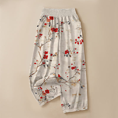 Buddha Stones Cotton Blossom Bird Branch Pattern Pleated Elastic Waist Women's Harem Pants With Pockets - image 3