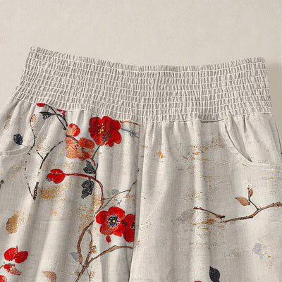 Buddha Stones Cotton Blossom Bird Branch Pattern Pleated Elastic Waist Women's Harem Pants With Pockets - image 4