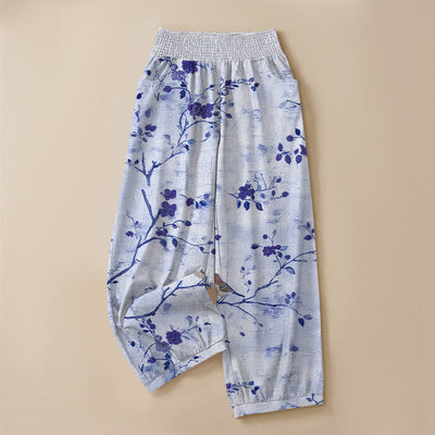 Buddha Stones Cotton Blossom Bird Branch Pattern Pleated Elastic Waist Women's Harem Pants With Pockets - image 9