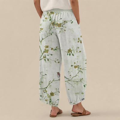 Buddha Stones Cotton Blossom Bird Branch Pattern Pleated Elastic Waist Women's Harem Pants With Pockets - image 12