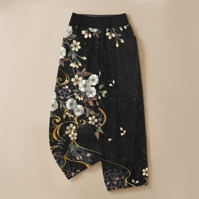 Buddha Stones Cotton Asymmetrical Floral Vine Pattern Pleated Elastic Waist Women's Harem Pants With Pockets - image 3