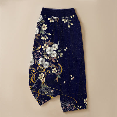 Buddha Stones Cotton Asymmetrical Floral Vine Pattern Pleated Elastic Waist Women's Harem Pants With Pockets - image 9