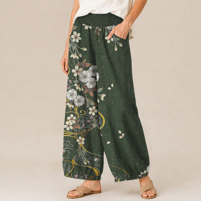 Buddha Stones Cotton Asymmetrical Floral Vine Pattern Pleated Elastic Waist Women's Harem Pants With Pockets - image 11