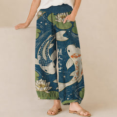 Buddha Stones Cotton Oriental Koi Fish Lotus Pattern Pleated Elastic Waist Women's Harem Pants With Pockets - SteelBlue - US16，UK/AU20，EU48 (3XL) - image 0