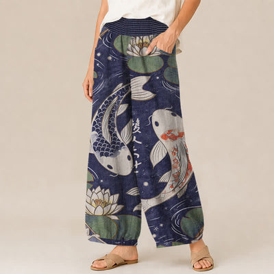 Buddha Stones Cotton Oriental Koi Fish Lotus Pattern Pleated Elastic Waist Women's Harem Pants With Pockets - image 11
