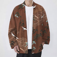 Buddha Stones Cotton White Crane Trees Flowing Waves Pattern Open Front Men's Kimono - Sienna - US/UK/AU48，EU58 (4XL) - image 0