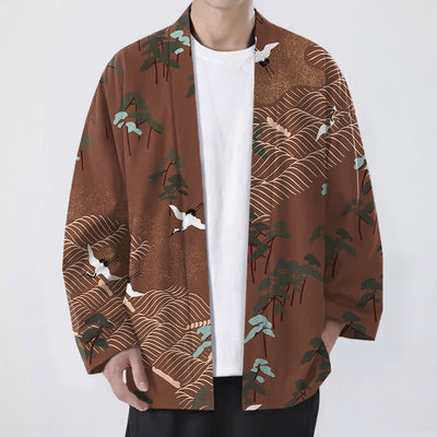 Buddha Stones Cotton White Crane Trees Flowing Waves Pattern Open Front Men's Kimono - Sienna - US/UK/AU48，EU58 (4XL) - image 0