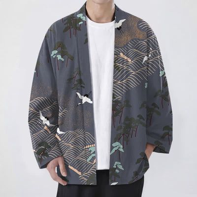 Buddha Stones Cotton White Crane Trees Flowing Waves Pattern Open Front Men's Kimono - LightSlateGray - US/UK/AU48，EU58 (4XL) - image 6