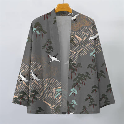 Buddha Stones Cotton White Crane Trees Flowing Waves Pattern Open Front Men's Kimono - image 10