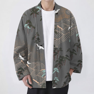 Buddha Stones Cotton White Crane Trees Flowing Waves Pattern Open Front Men's Kimono - DarkGray - US/UK/AU48，EU58 (4XL) - image 9