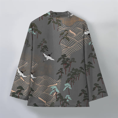 Buddha Stones Cotton White Crane Trees Flowing Waves Pattern Open Front Men's Kimono - image 11