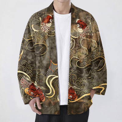 Buddha Stones Cotton Red Koi Fish Golden Waves Pattern Open Front Men's Kimono - Olive - US/UK/AU48，EU58 (4XL) - image 0