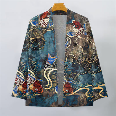 Buddha Stones Cotton Red Koi Fish Golden Waves Pattern Open Front Men's Kimono - image 7