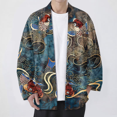 Buddha Stones Cotton Red Koi Fish Golden Waves Pattern Open Front Men's Kimono - CornflowerBlue - US/UK/AU48，EU58 (4XL) - image 6