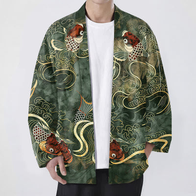 Buddha Stones Cotton Red Koi Fish Golden Waves Pattern Open Front Men's Kimono - DarkOliveGreen - US/UK/AU48，EU58 (4XL) - image 9