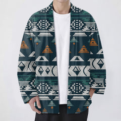 Buddha Stones Cotton Teal Aztec Geometric Pattern Open Front Men's Kimono - Teal - US/UK/AU48，EU58 (4XL) - image 0