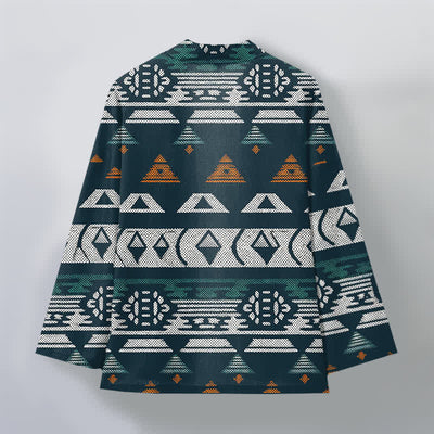 Buddha Stones Cotton Teal Aztec Geometric Pattern Open Front Men's Kimono - image 2