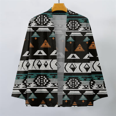 Buddha Stones Cotton Teal Aztec Geometric Pattern Open Front Men's Kimono - image 7