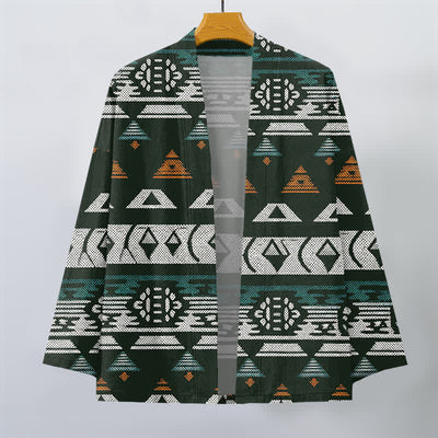 Buddha Stones Cotton Teal Aztec Geometric Pattern Open Front Men's Kimono - image 10
