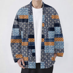 Buddha Stones Cotton Patchwork Geometric Block Pattern Open Front Men's Kimono - Navy - US/UK/AU48，EU58 (4XL) - image 0
